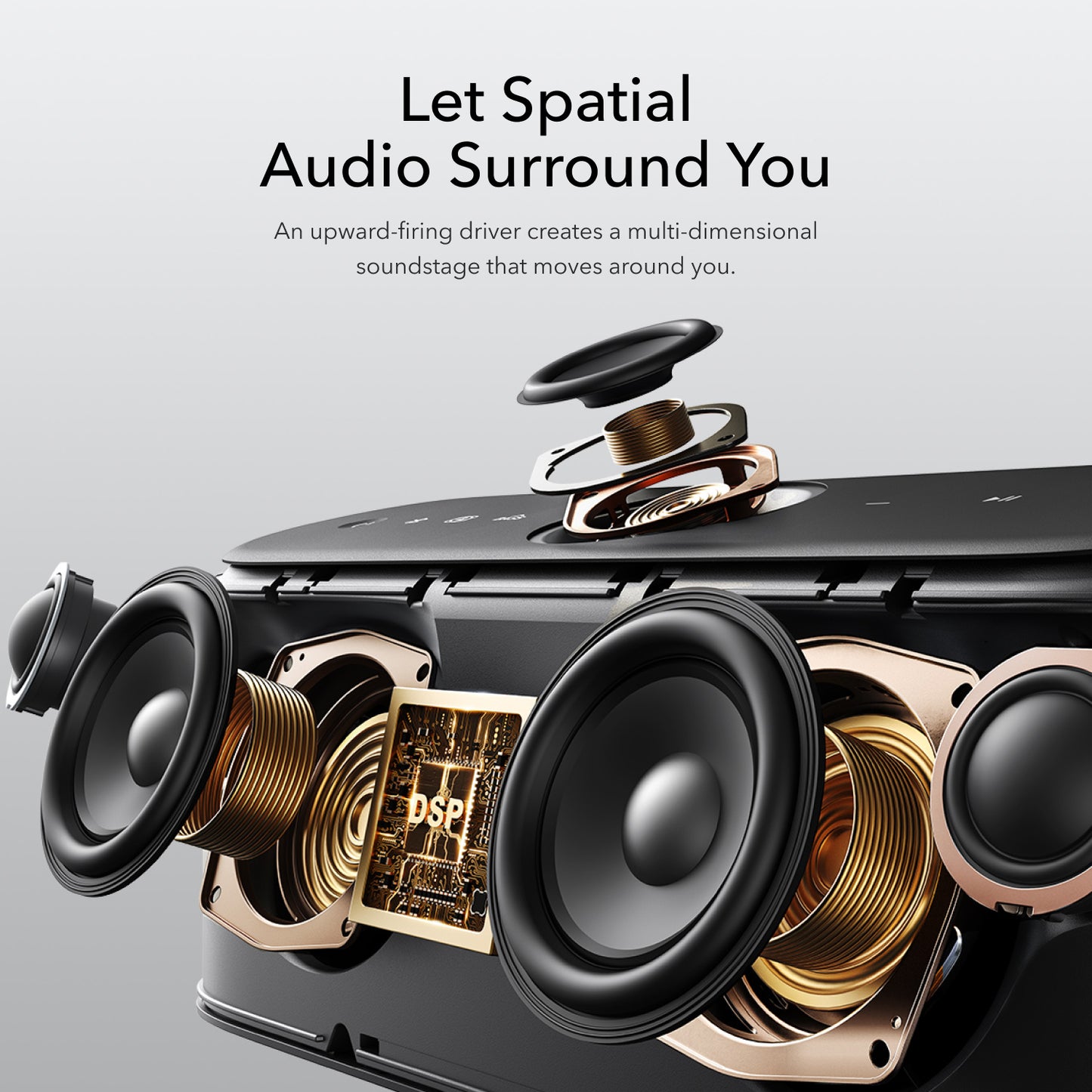 soundcore spatial audio speakers with upward-firing driver and DSP