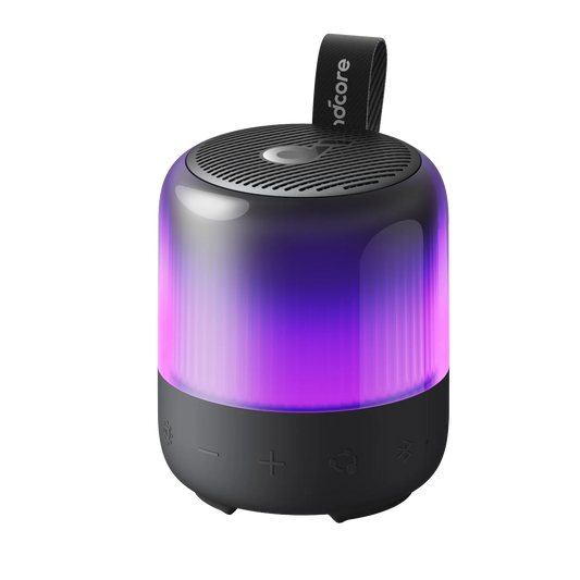 soundcore speaker with purple-blue LED light effect