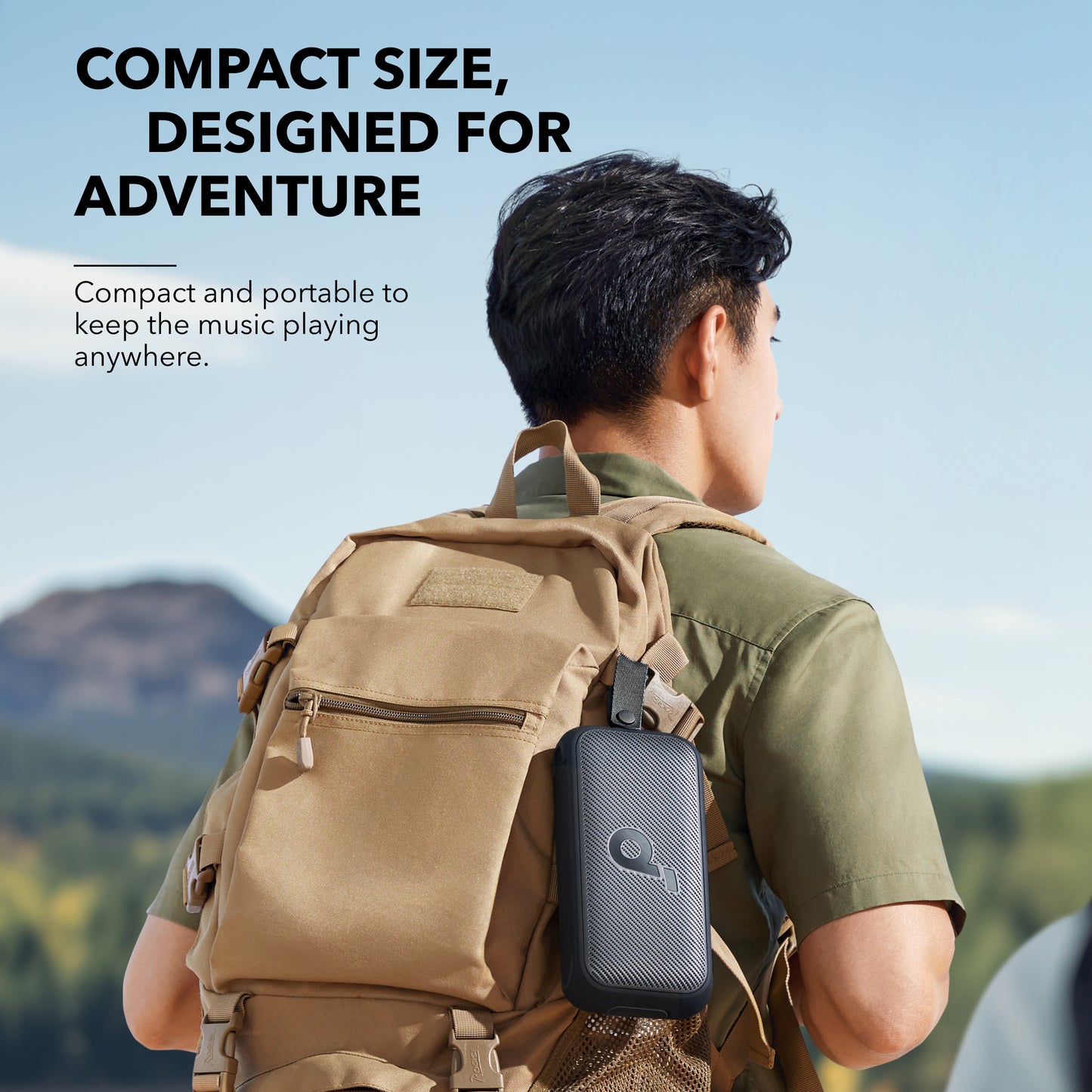 soundcore speaker attached to backpack for outdoor adventure.