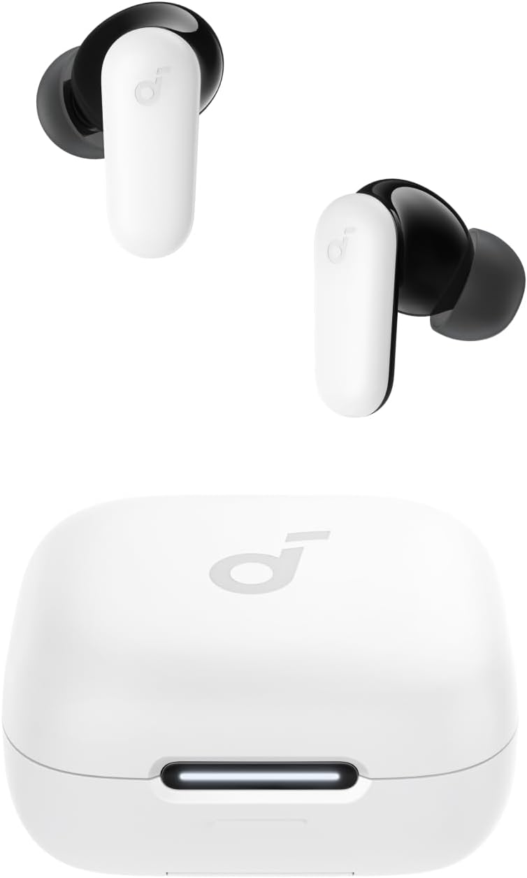 soundcore wireless earbuds with white case for stylish listening.