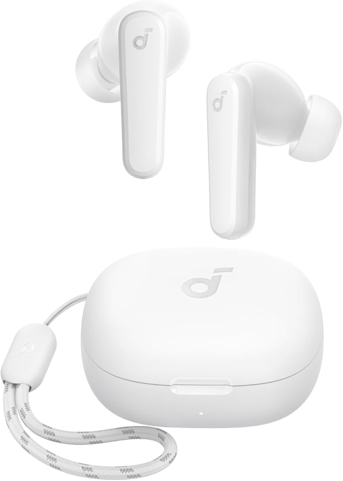 soundcore white earbuds with charging case and strap