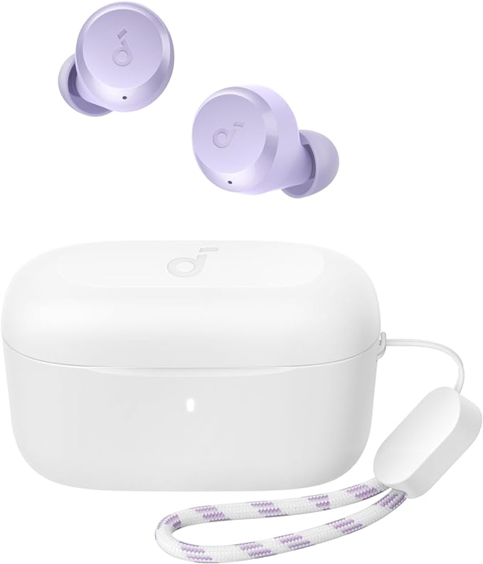 soundcore purple earbuds with compact case and lanyard