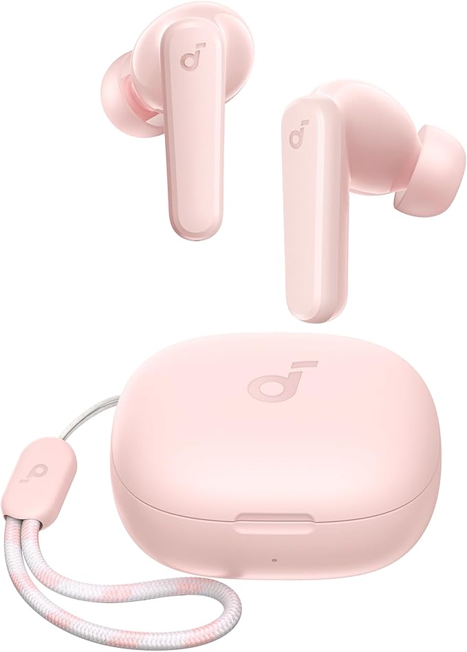 soundcore pink earbuds with charging case for easy carry