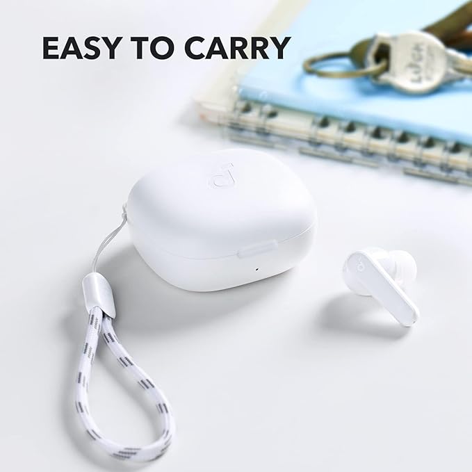 soundcore earbuds with portable case and lanyard