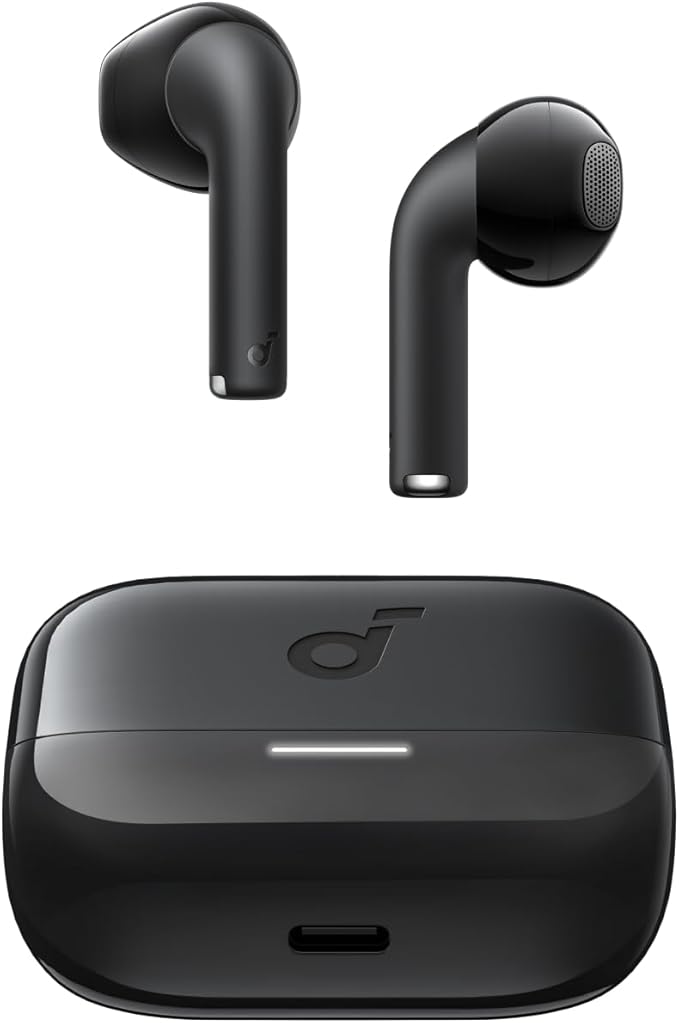soundcore black earbuds with charging case for wireless audio