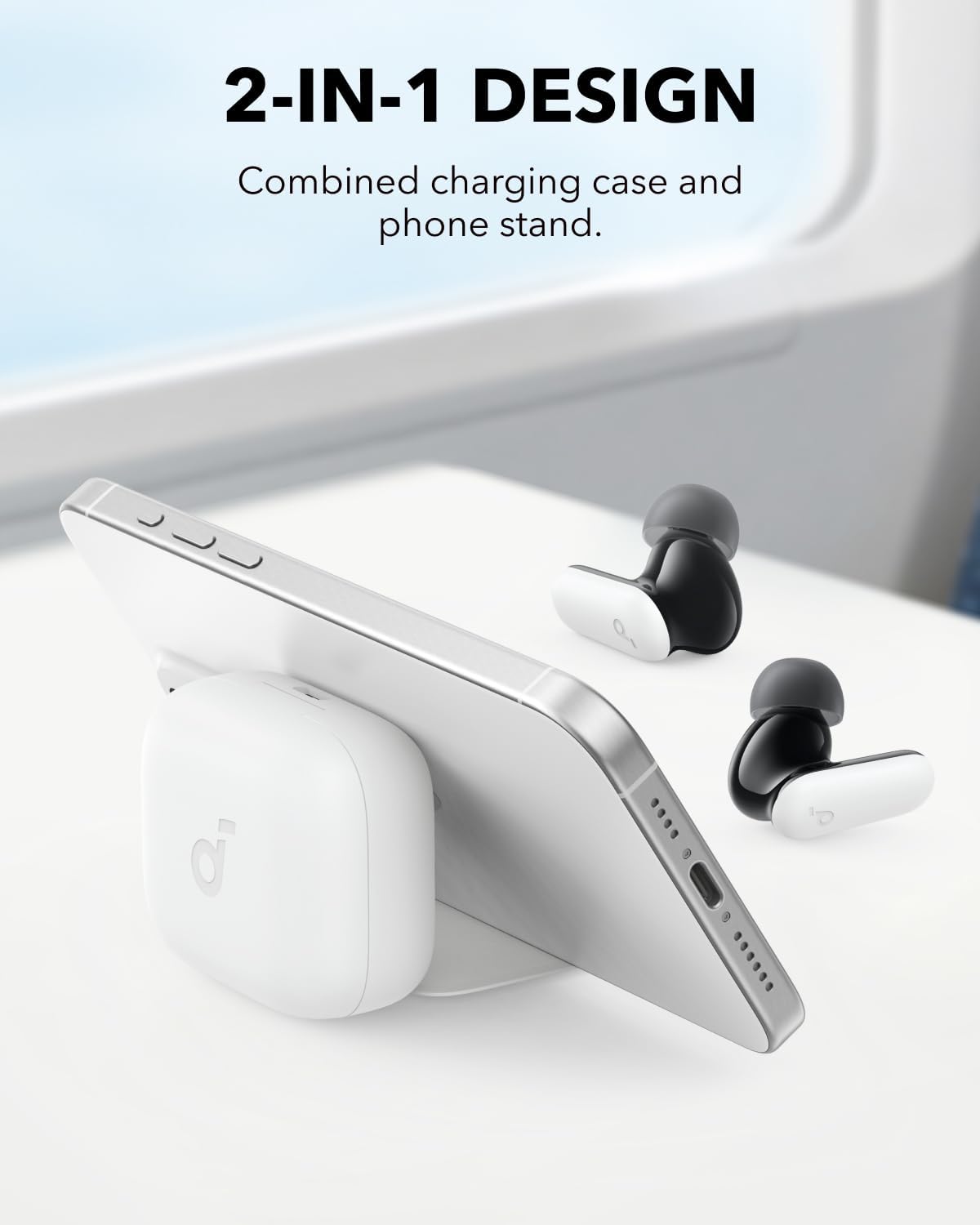 soundcore earbuds with charging case as phone stand