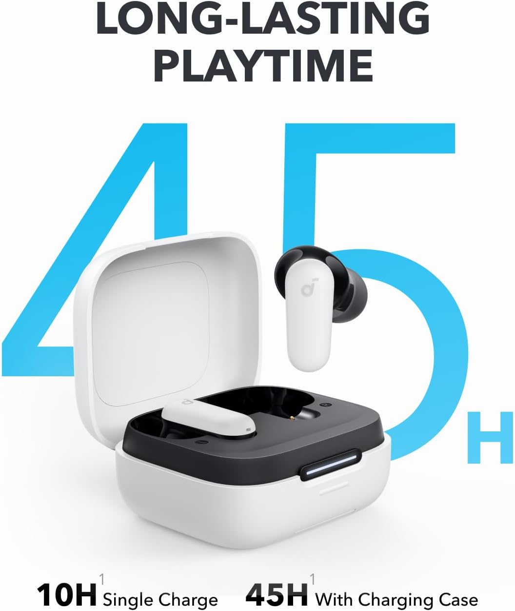 soundcore wireless earbuds with charging case for 45-hour playtime.