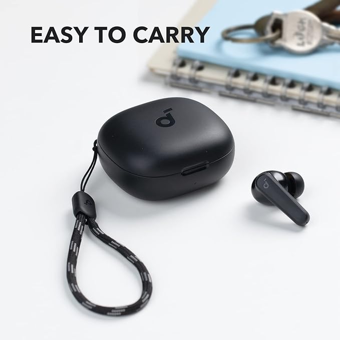 soundcore earbuds with case and strap for easy carrying