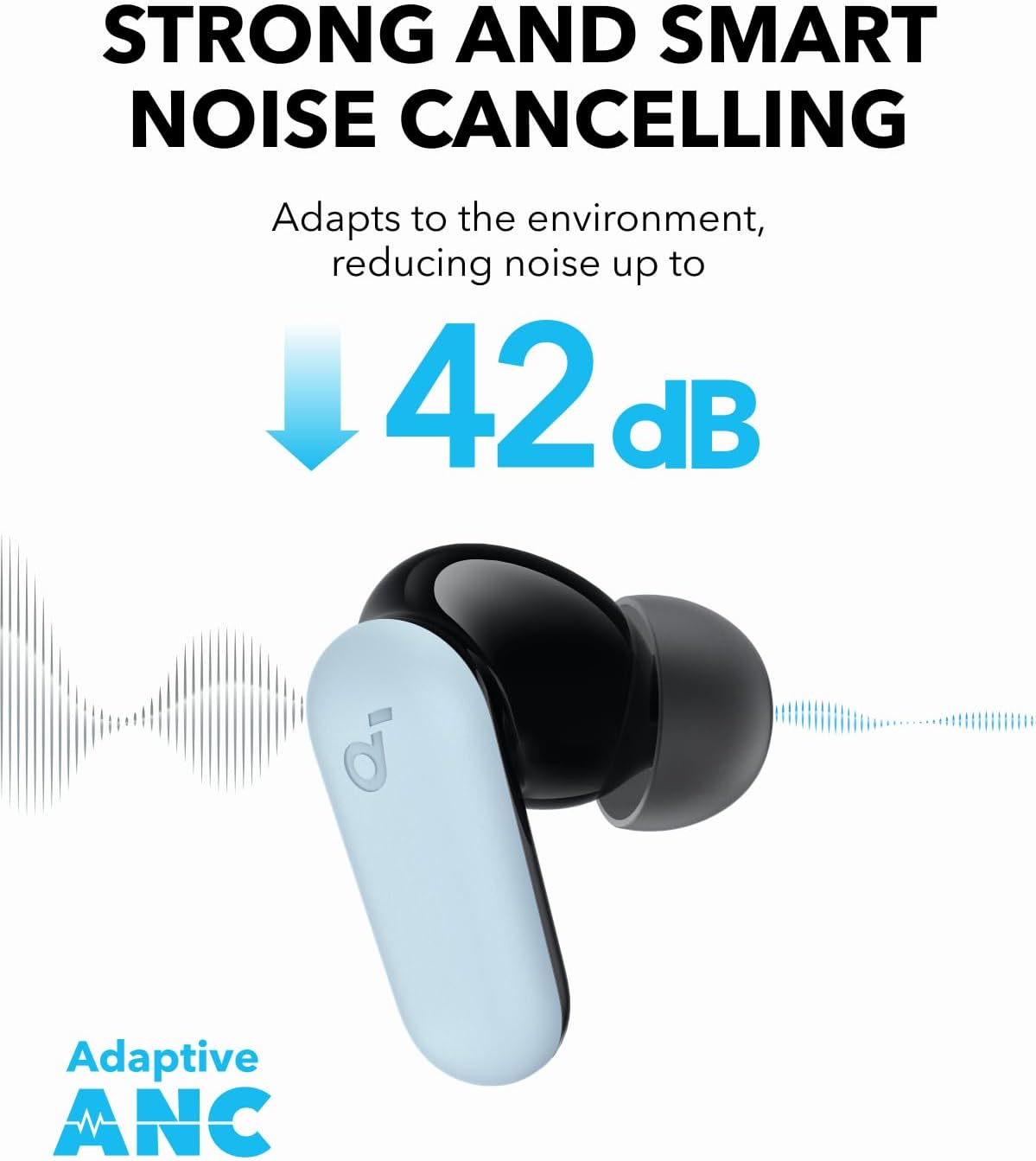 soundcore blue earbud for adaptive ANC reducing 42dB