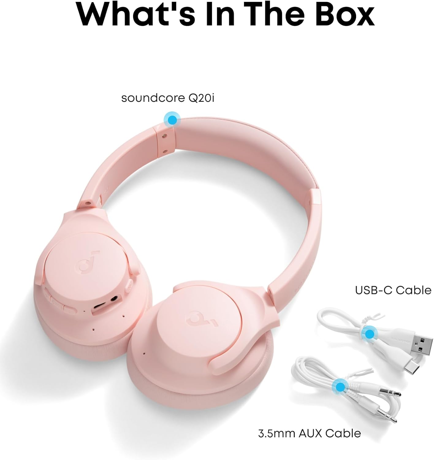 soundcore bluetooth headphones with USB-C cable and AUX cable included