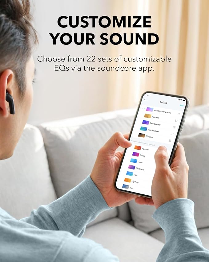 Hand holding phone choosing EQ with soundcore app