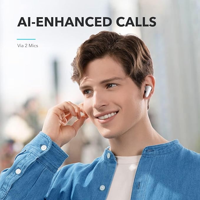 soundcore earbuds with AI-enhanced calls in city scene