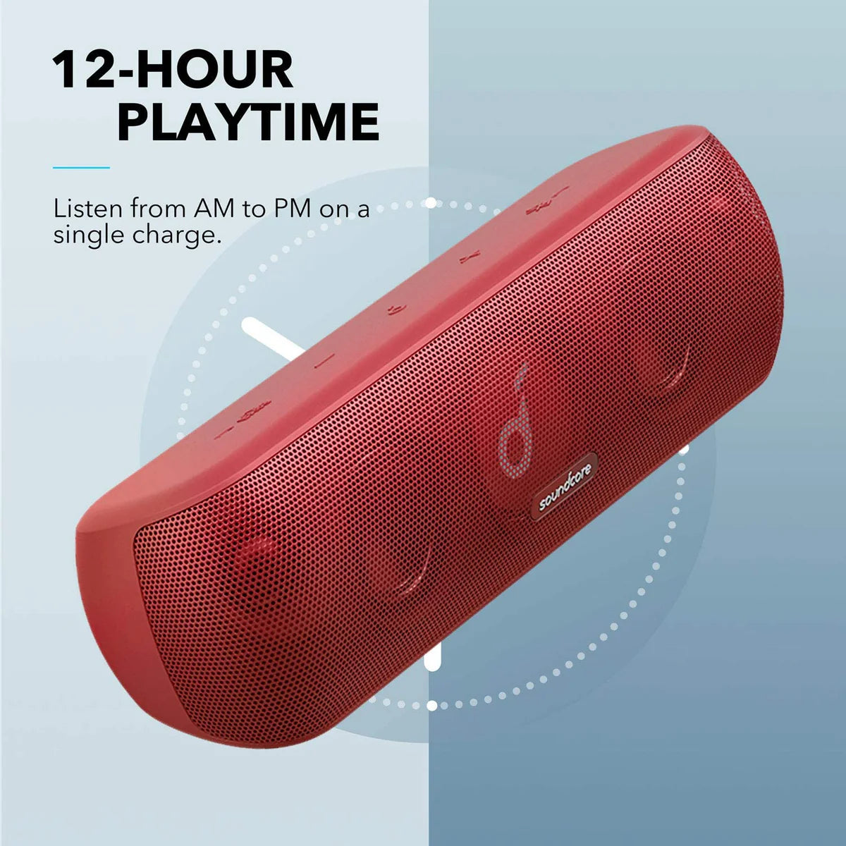 soundcore red speaker with 12-hour playtime feature