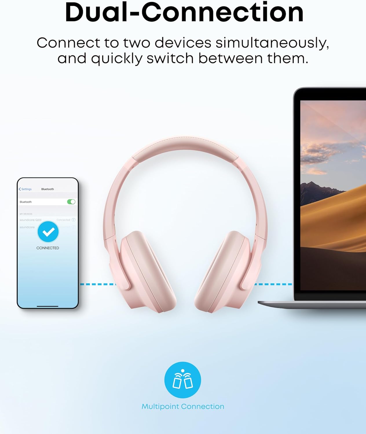 soundcore wireless headphones with dual Bluetooth connection for phone and laptop