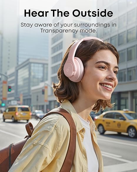 soundcore bluetooth headphones with Transparency mode for city street