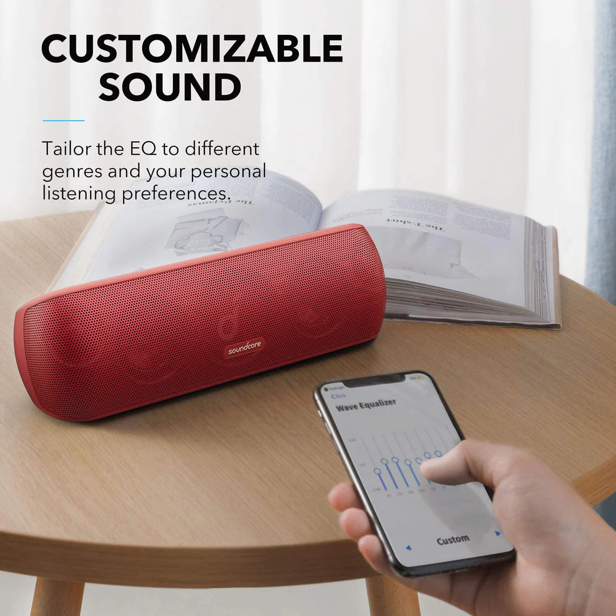 soundcore red speaker with customizable EQ on phone