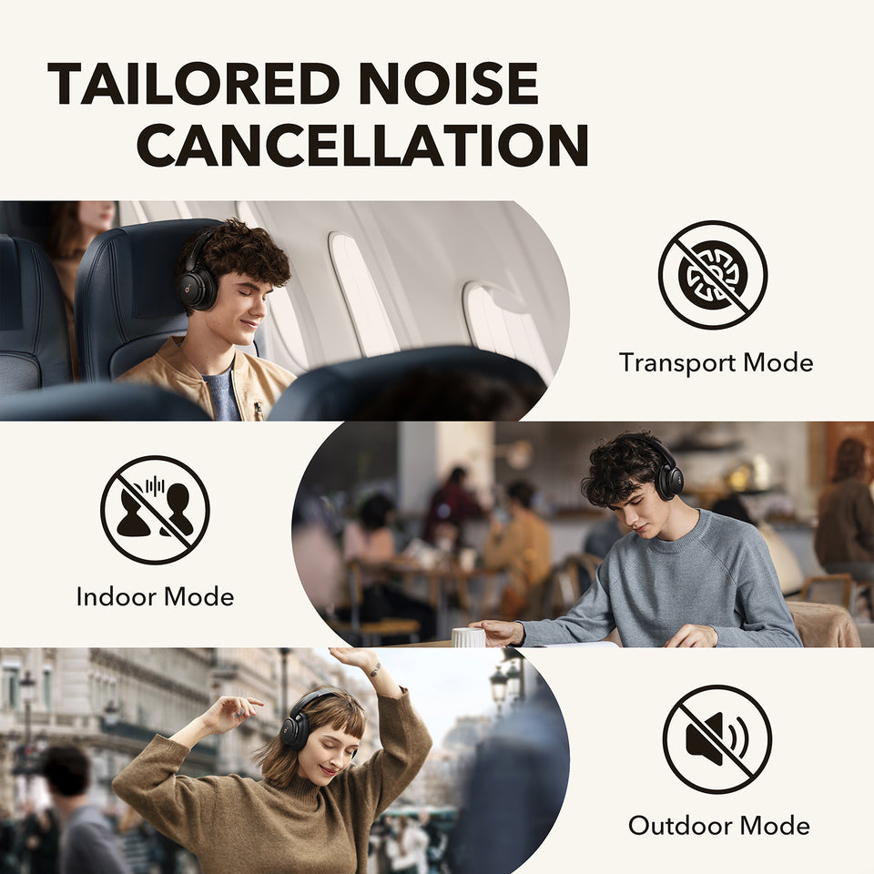 soundcore bluetooth noise cancelling headphones with tailored noise cancellation for travel, indoor, outdoor