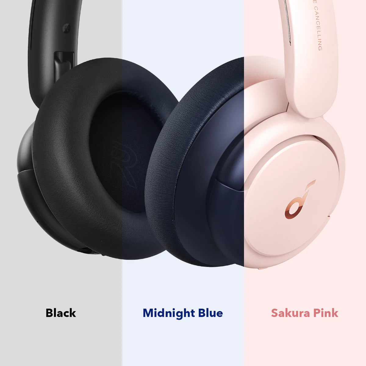 soundcore in Black, Midnight Blue and Sakura Pink with soft cushions