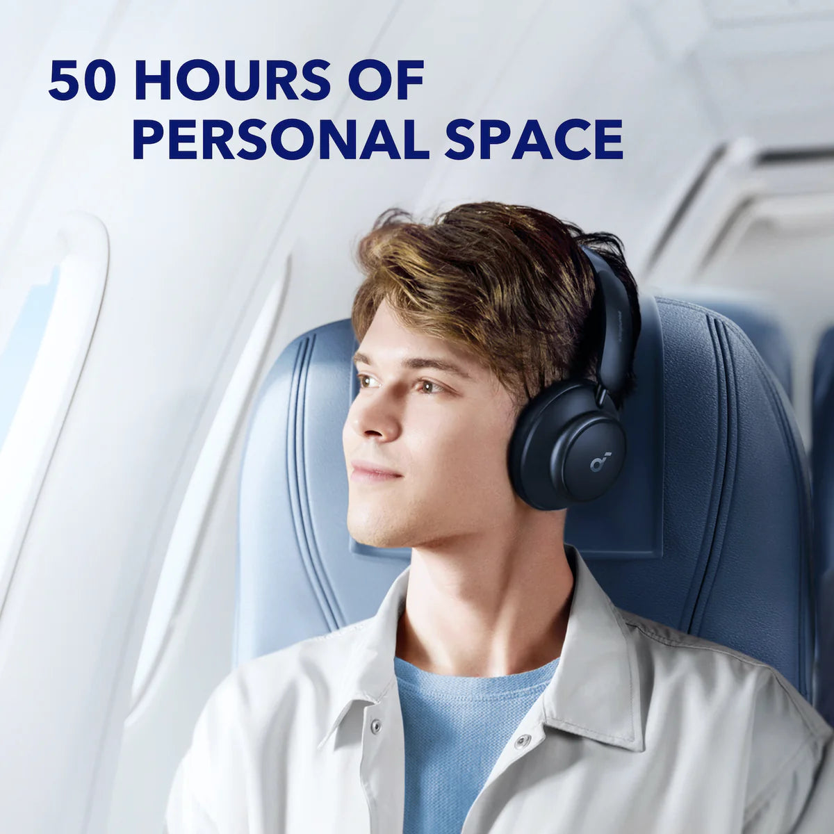 person in airplane wearing soundcore ANC headphoness for long listening