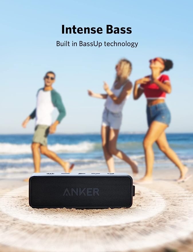 Anker speaker with BassUp for beach party vibes