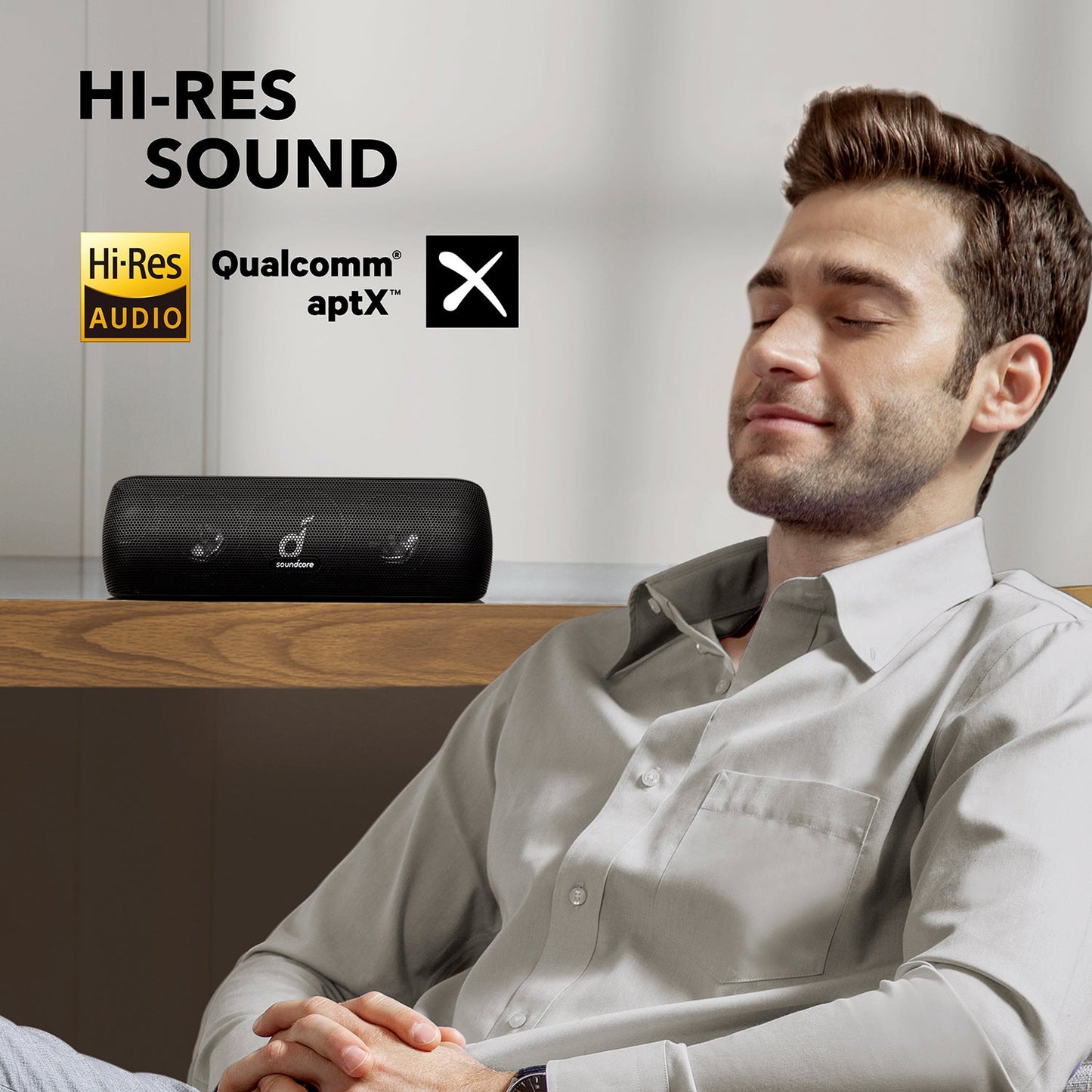 soundcore speaker with Hi-Res Sound on table