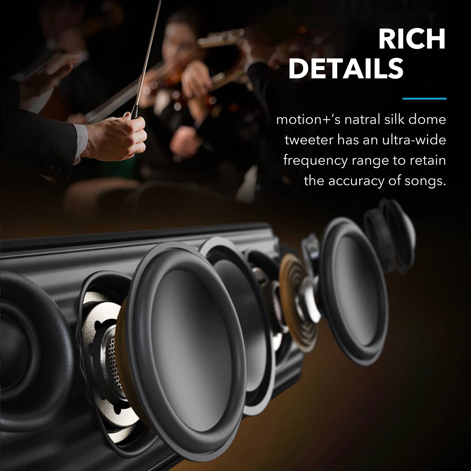 soundcore speaker with wide frequency silk dome tweeter