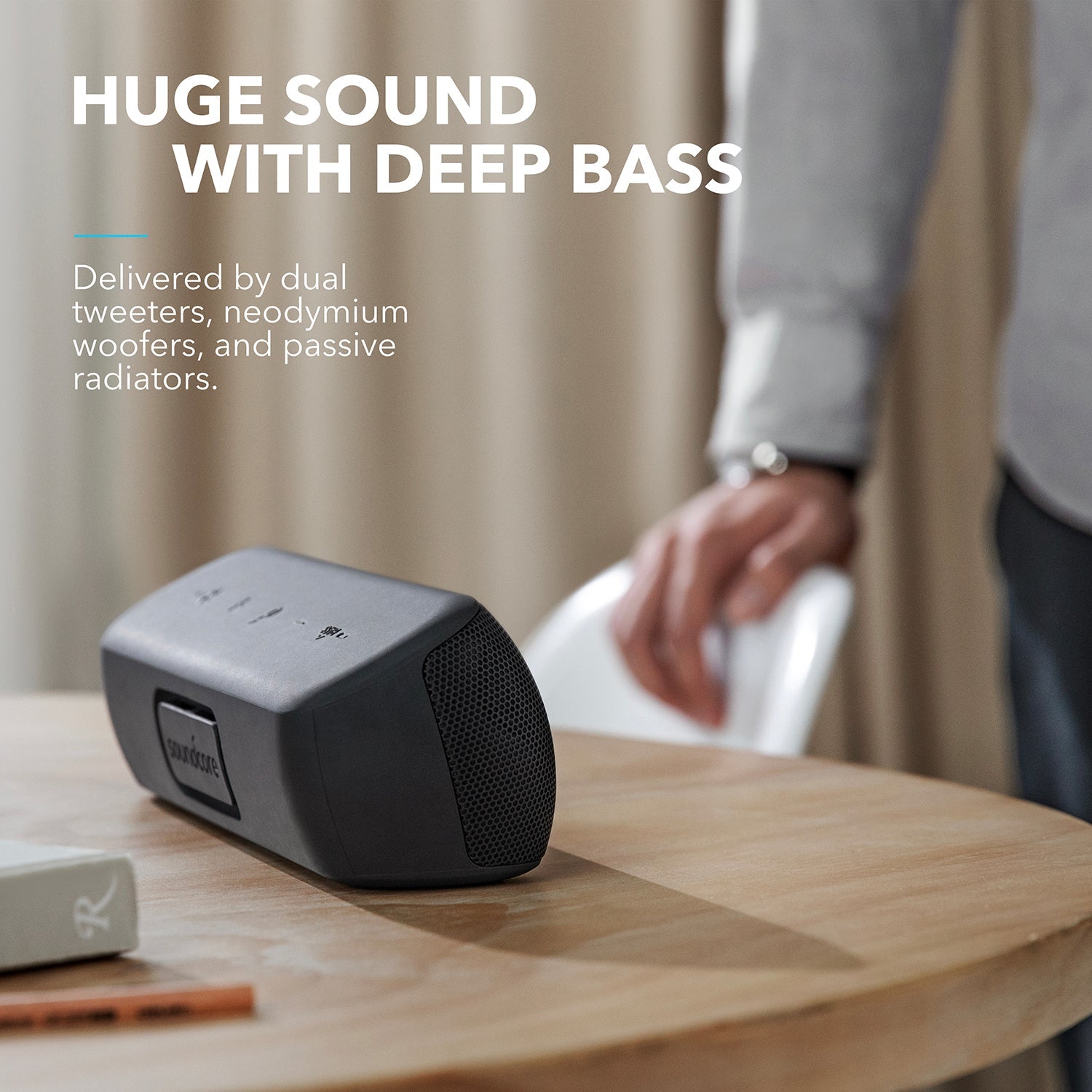 soundcore speaker with deep bass and neodymium woofers