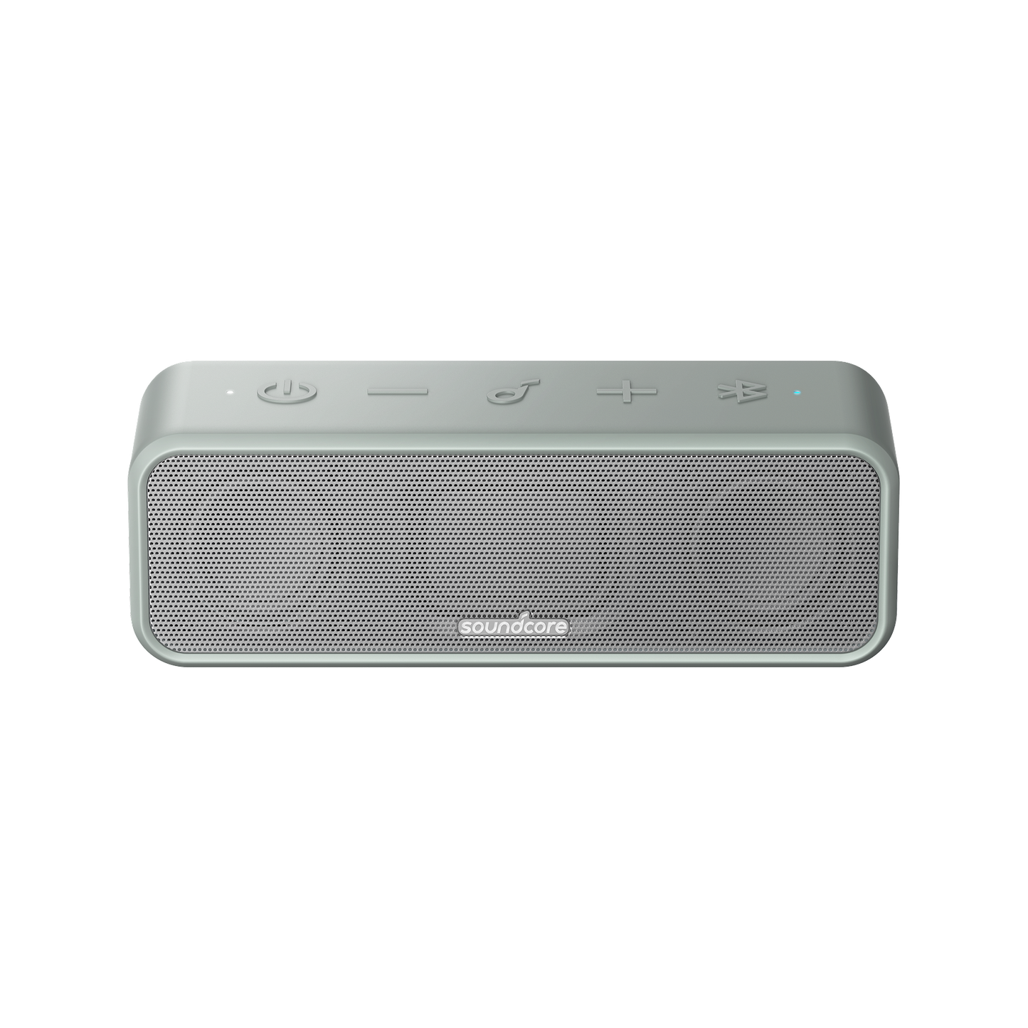soundcore silver bluetooth speaker with top control buttons