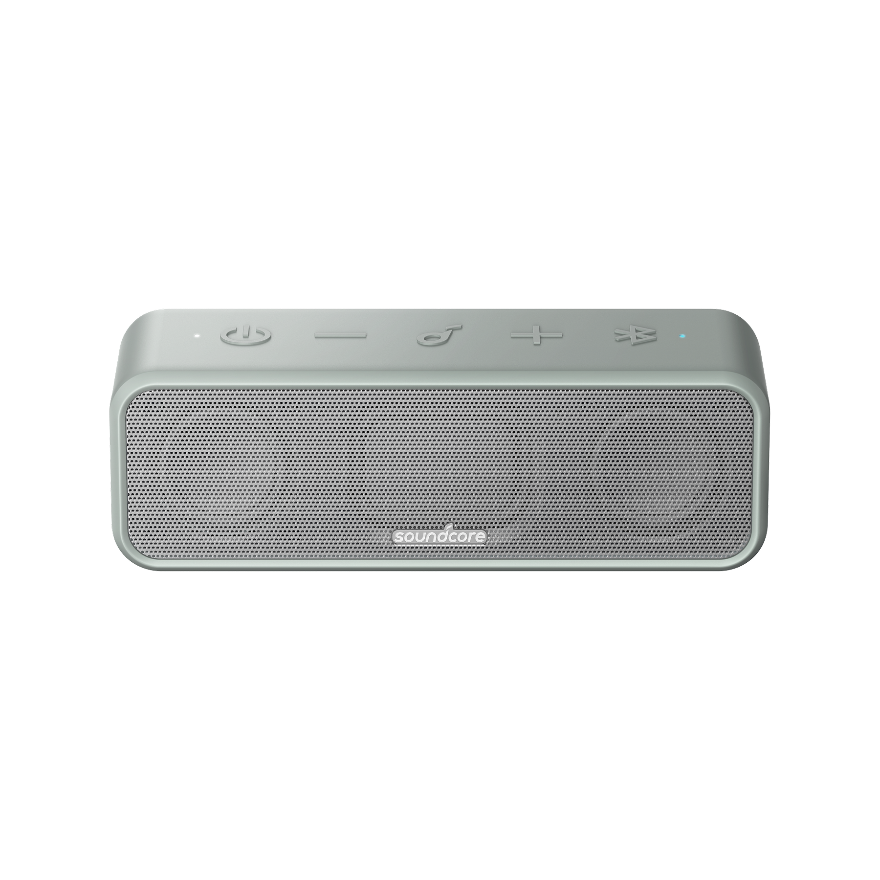 soundcore silver bluetooth speaker with top control buttons