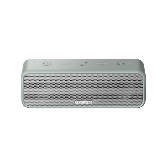 soundcore silver bluetooth speaker with top control buttons