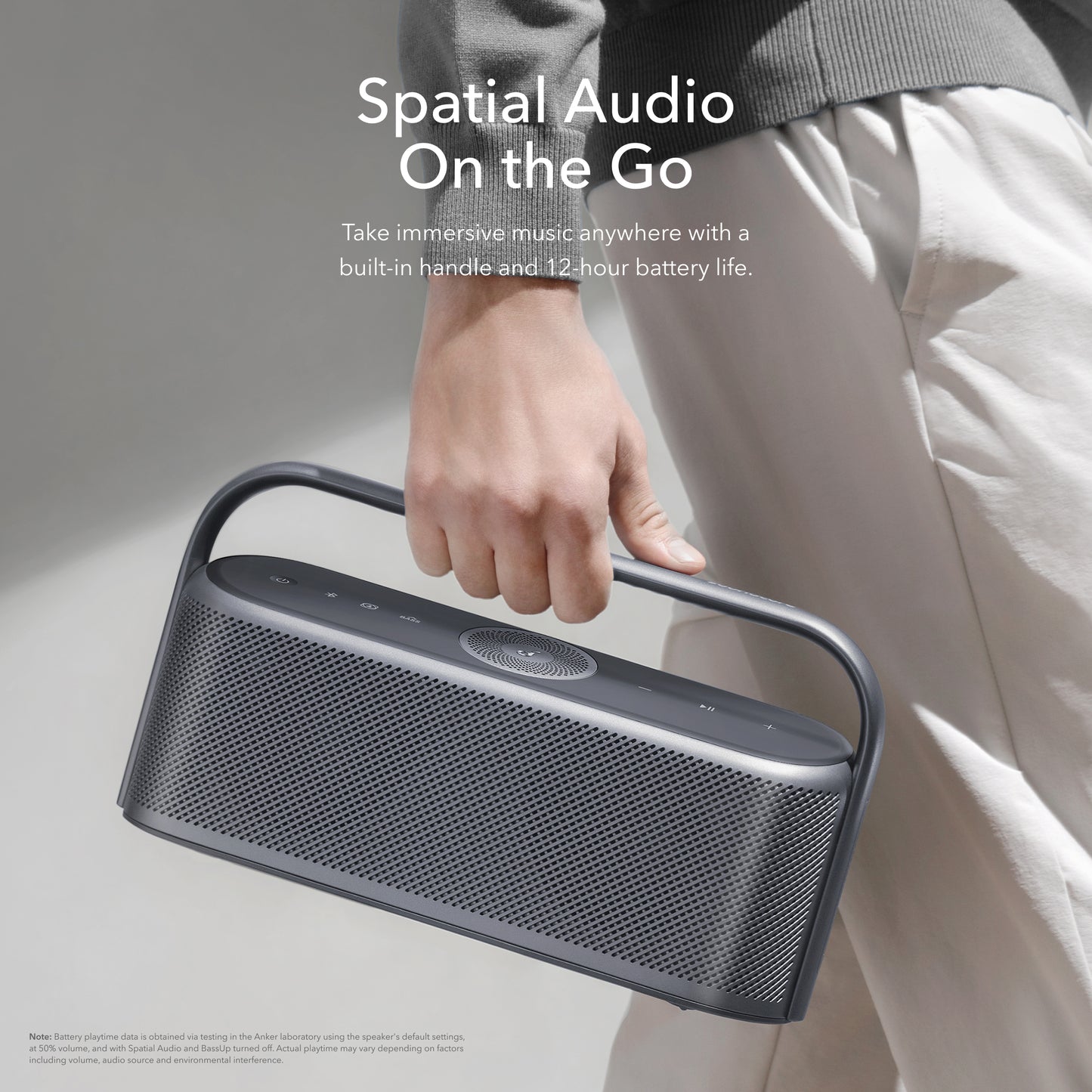 soundcore home speaker with spatial audio and handle for portability