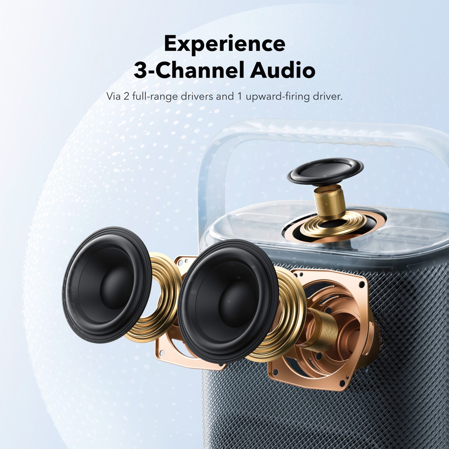 soundcore speaker with 3-channel audio featuring two full-range drivers