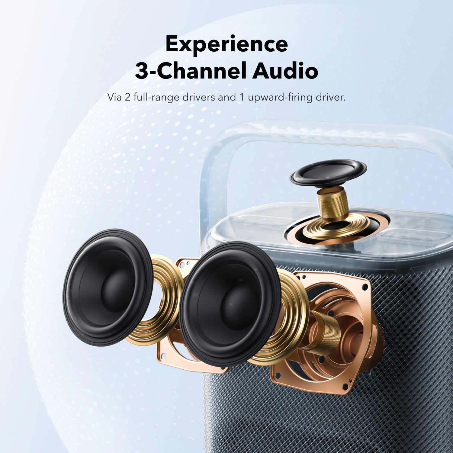 soundcore speaker with 3-channel audio featuring two full-range drivers