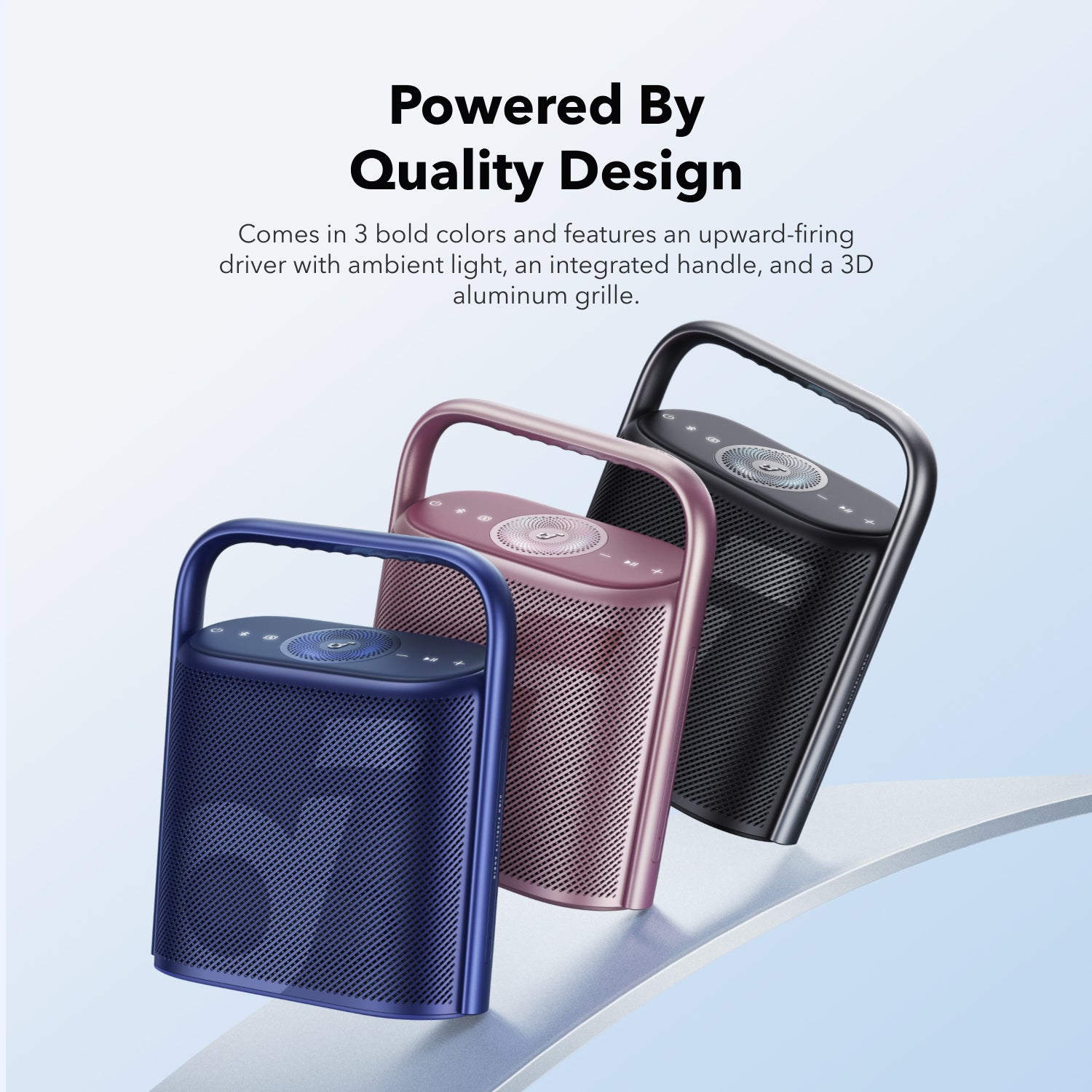 soundcore speaker with upward-firing driver and handle