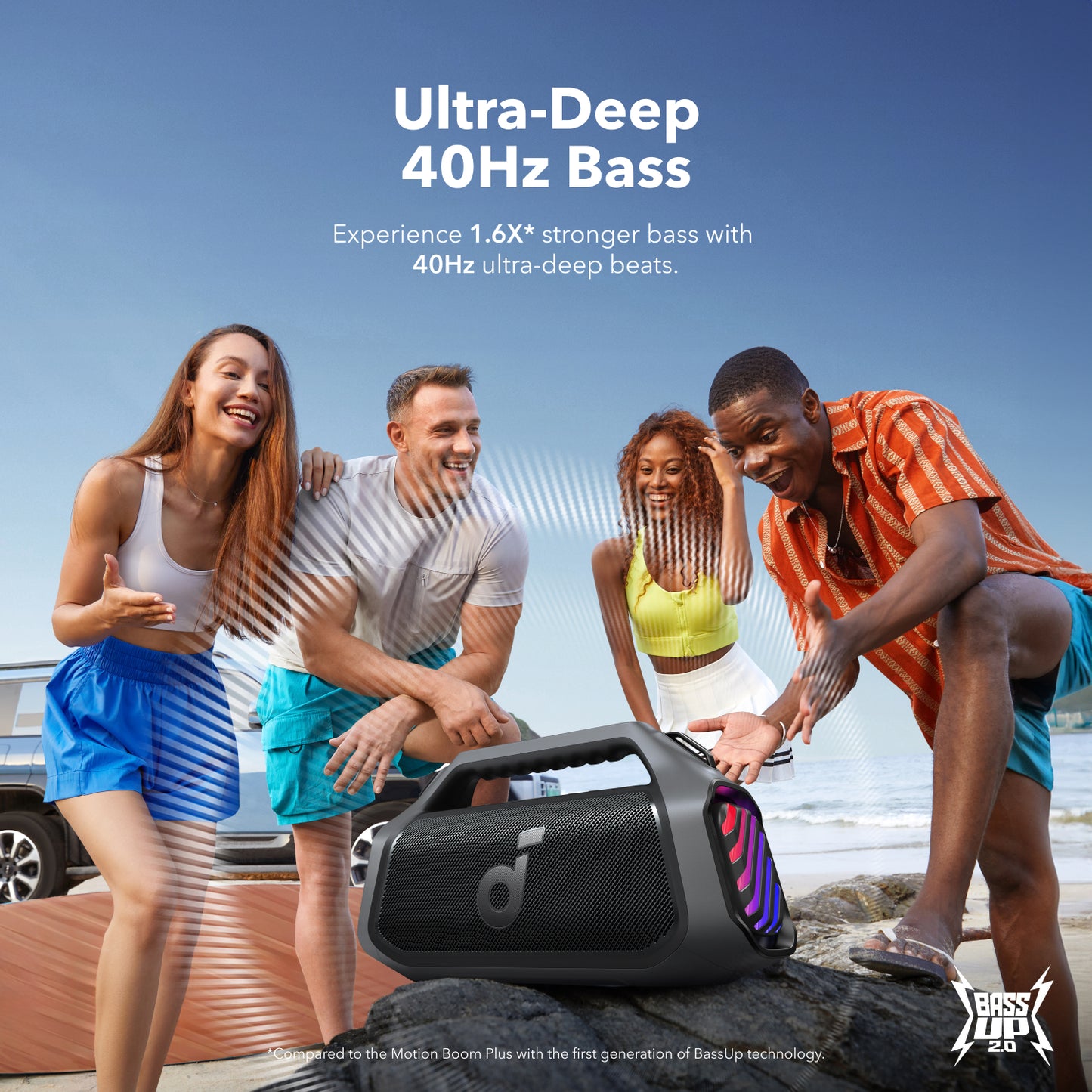 soundcore outdoor speaker with ultra-deep bass for beach party