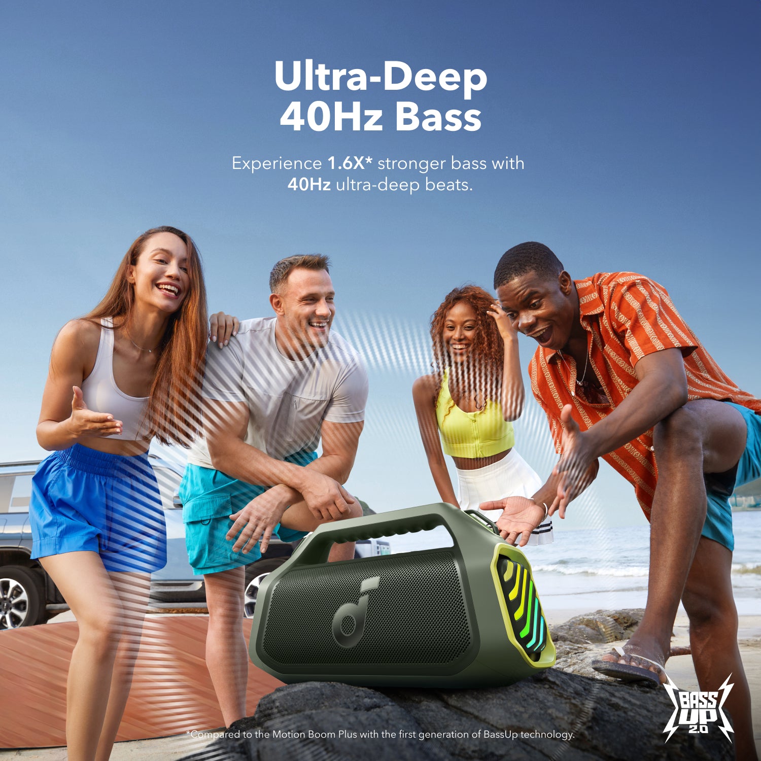 soundcore outdoor speaker with ultra-deep bass for beach party