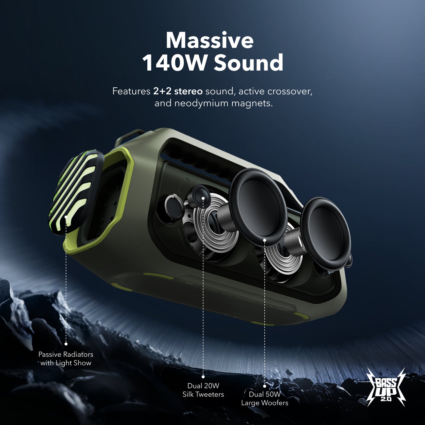 soundcore outdoor speaker with 140W stereo sound and light show