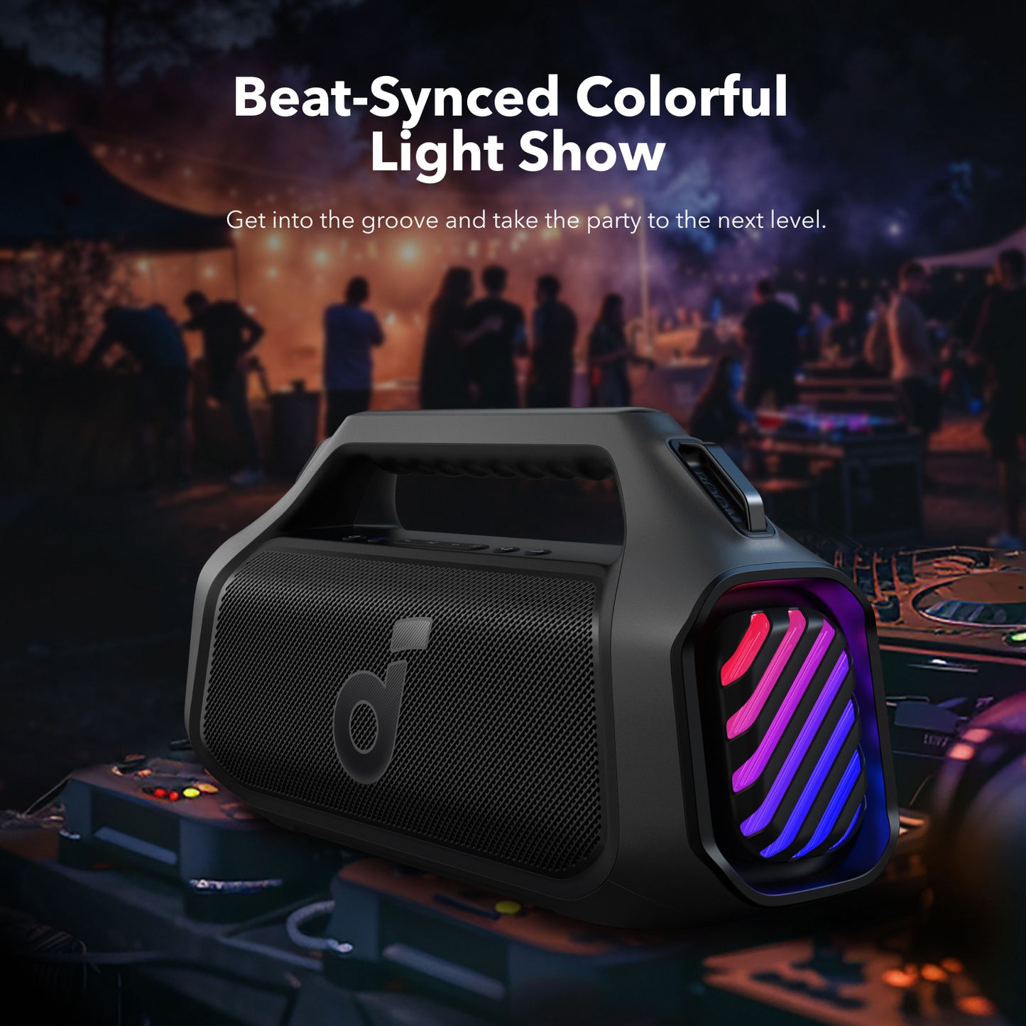 soundcore outdoor speaker with beat-synced colorful light show