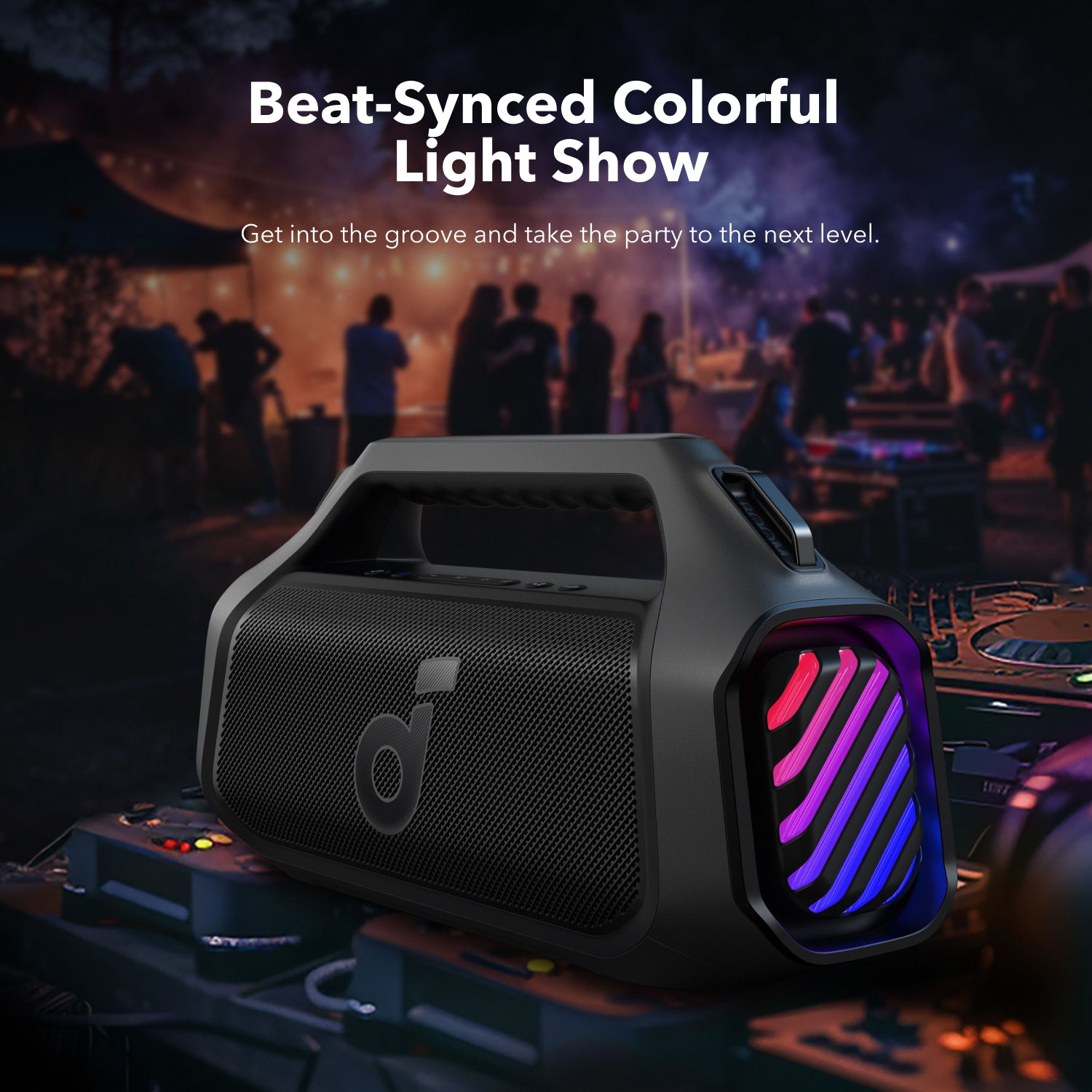soundcore outdoor speaker with beat-synced colorful light show