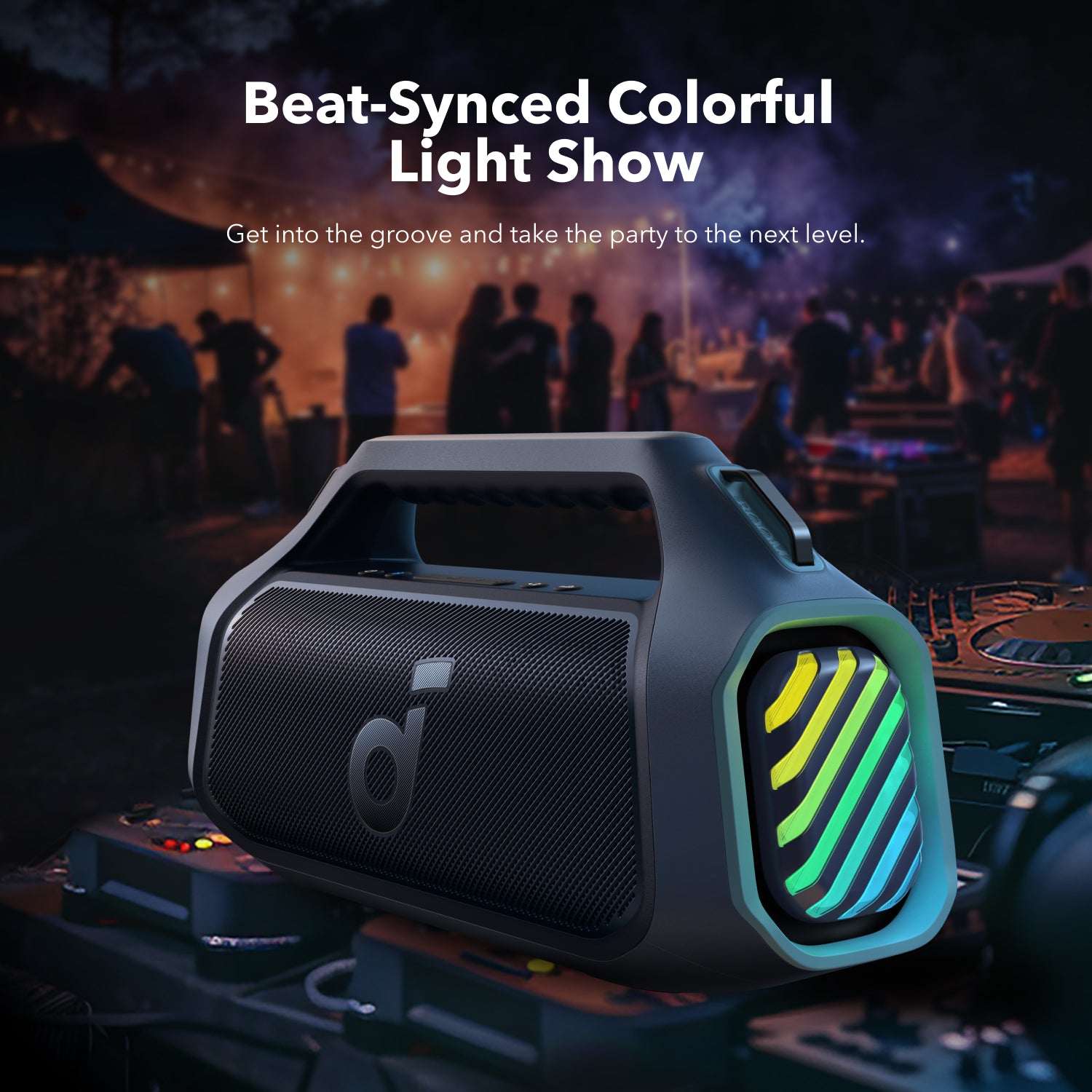 soundcore outdoor speaker with beat-synced colorful light show for night party