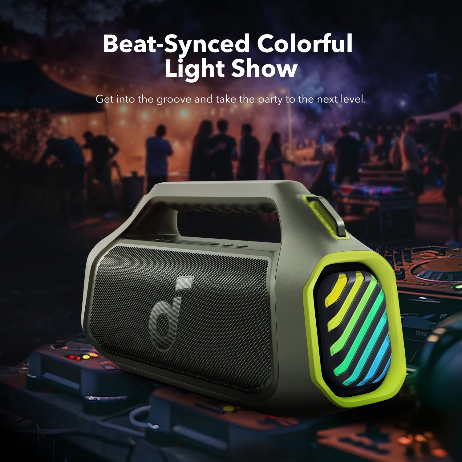soundcore outdoor speaker with colorful light show for party