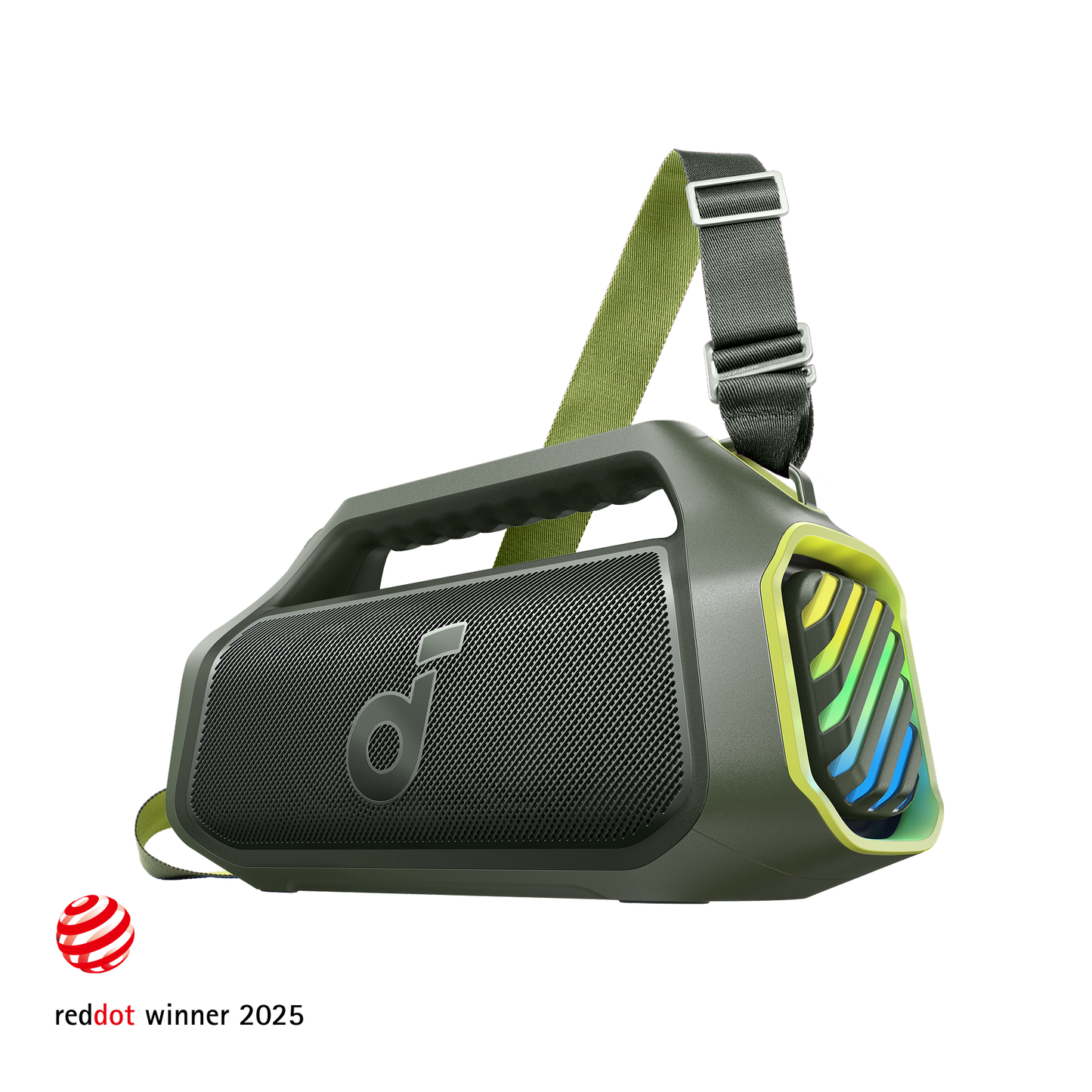 soundcore outdoor speaker with green strap and colorful lights
