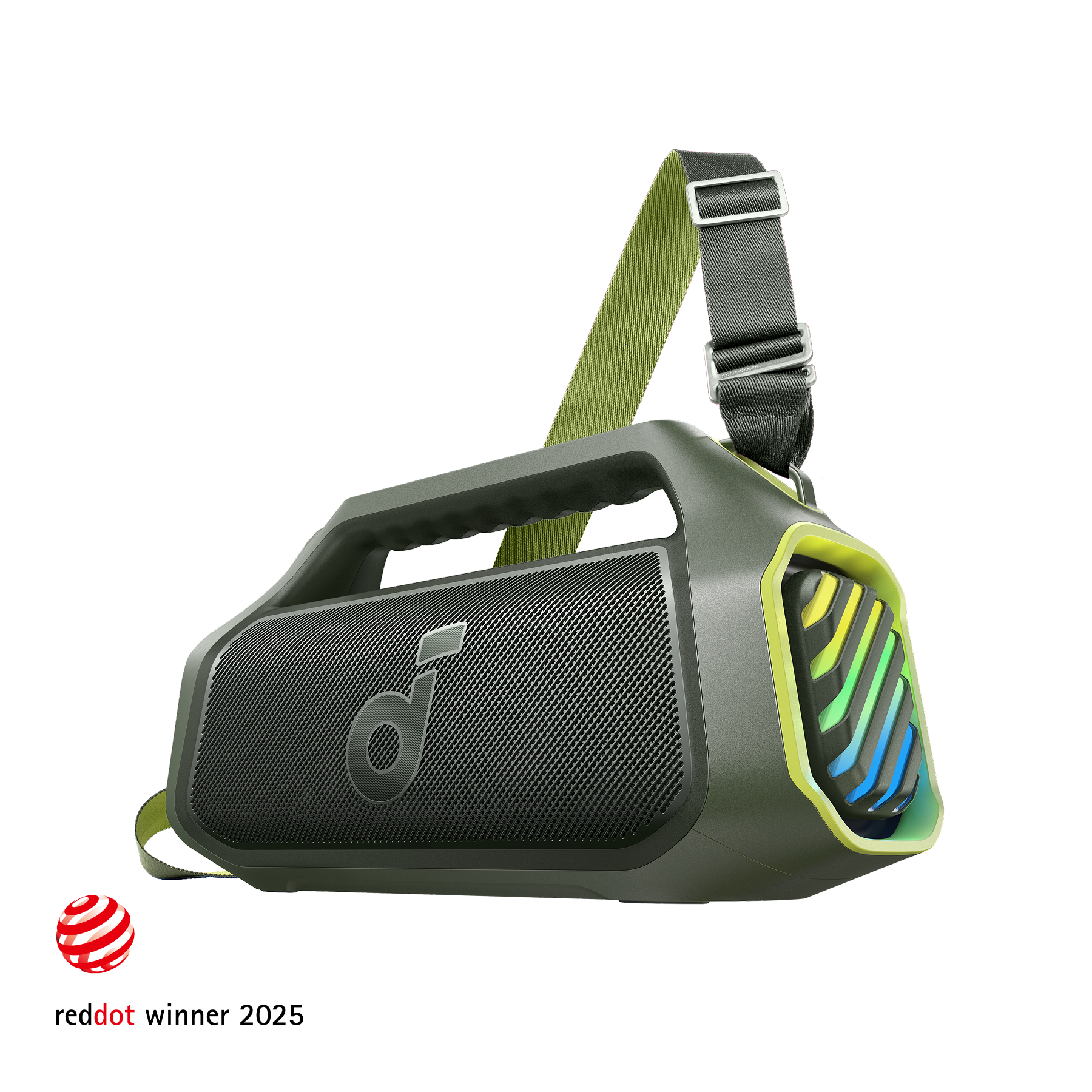 soundcore outdoor speaker with green strap and colorful lights