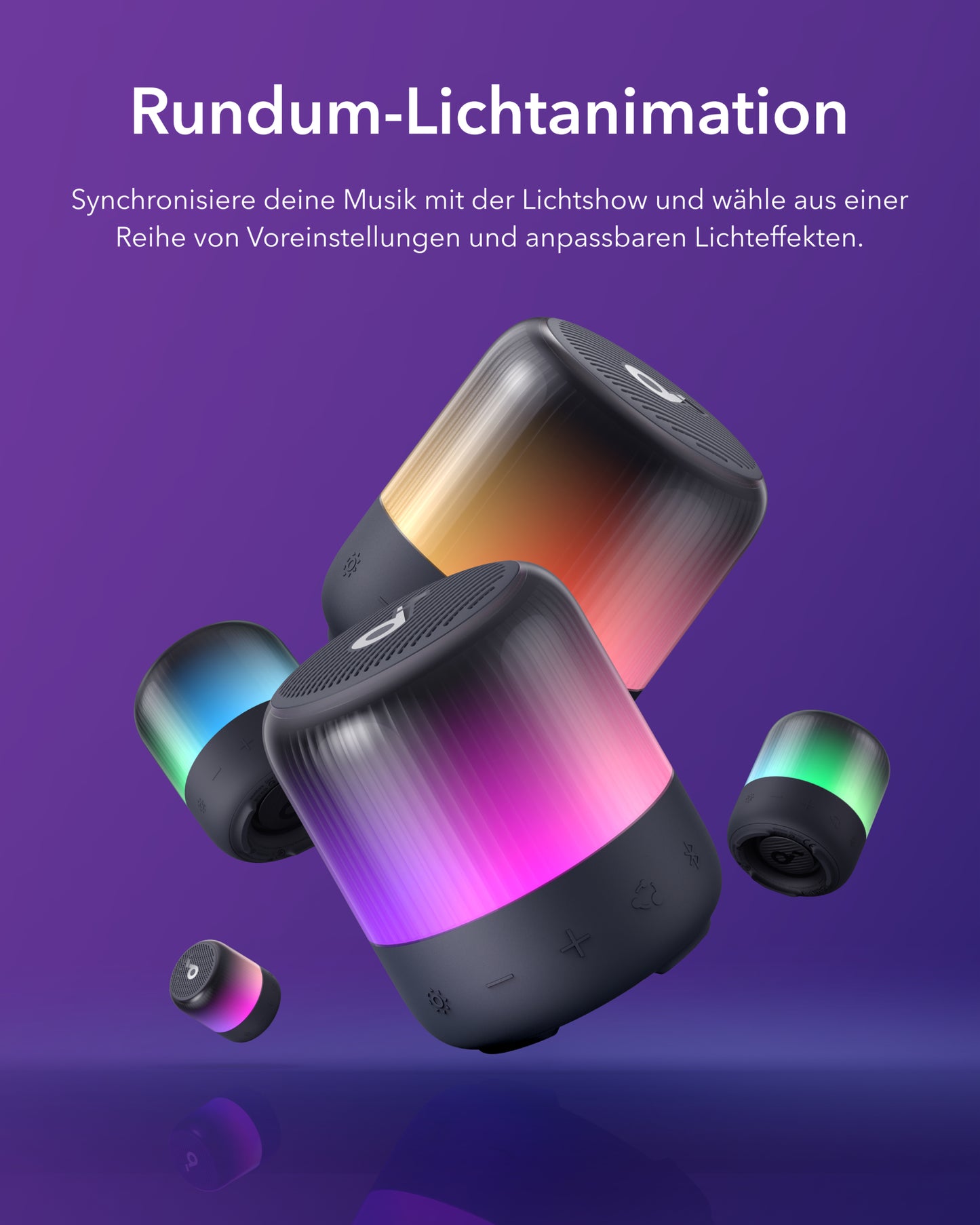 soundcore speakers with various colorful synchronized light effects