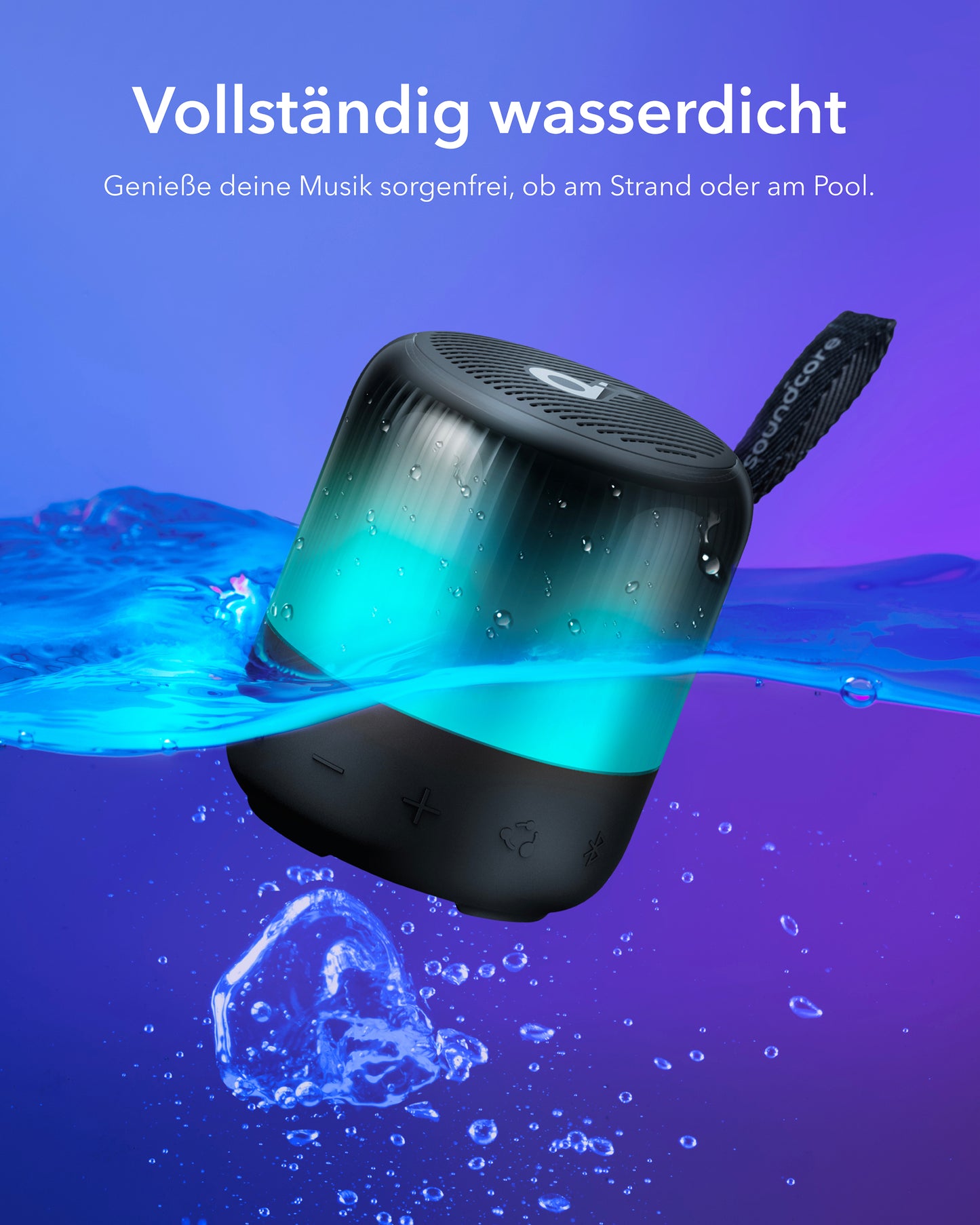 soundcore waterproof speaker with blue light in water