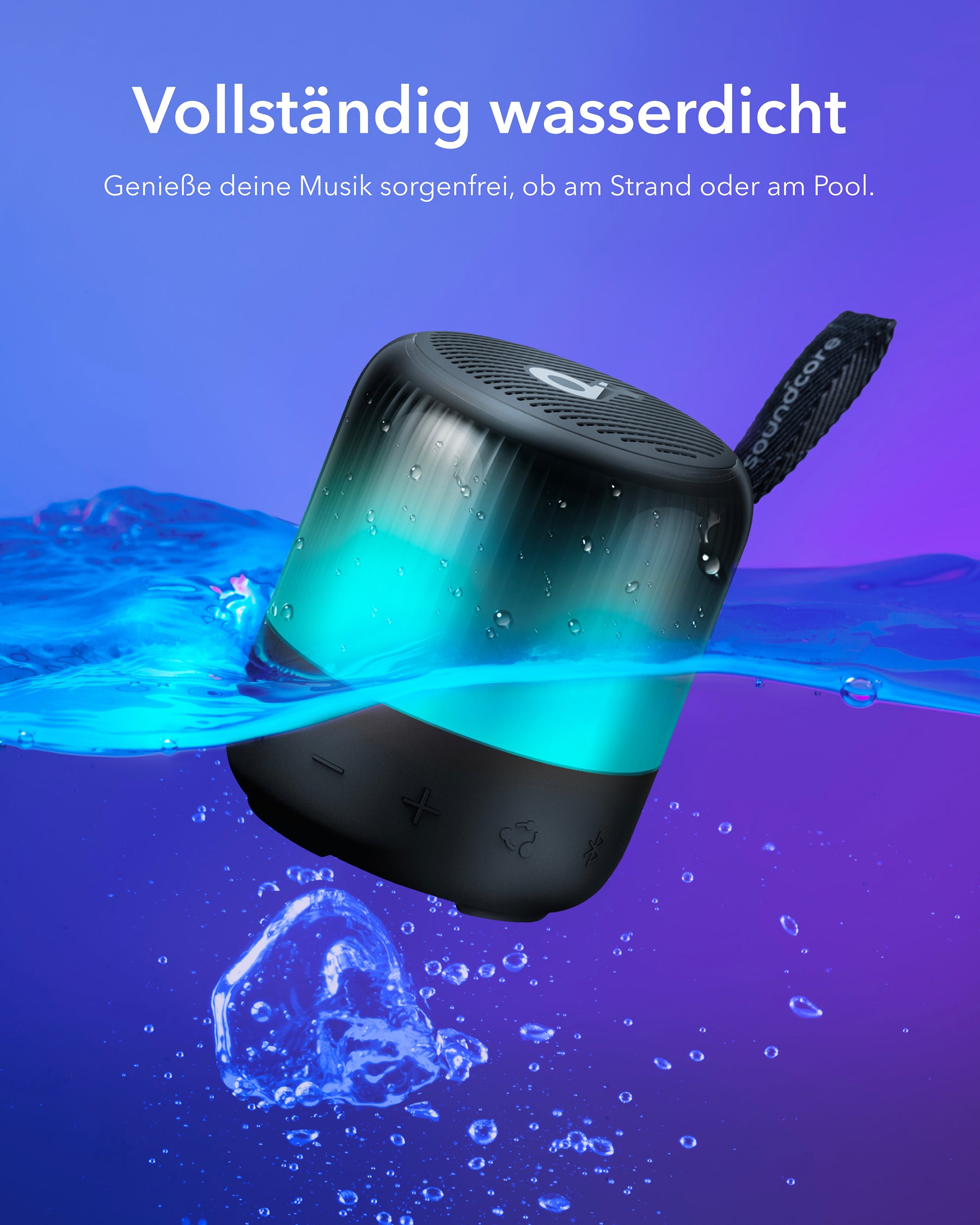 soundcore waterproof speaker with blue light in water
