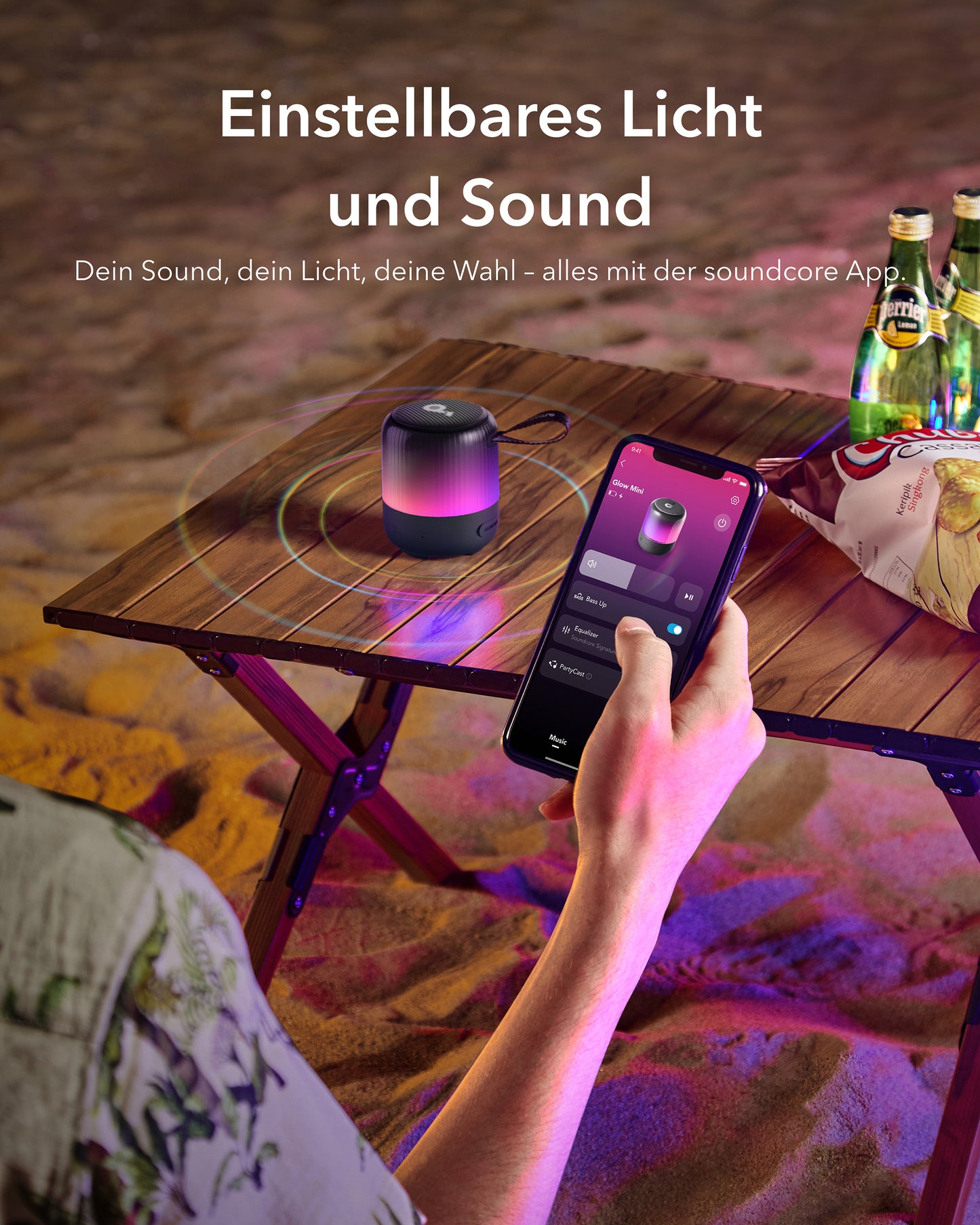 soundcore speaker with adjustable light and sound for beach