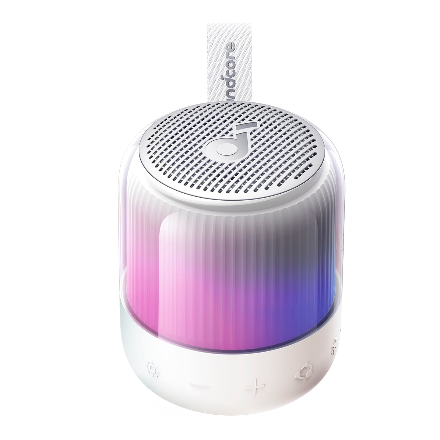 soundcore white speaker with purple-pink LED light