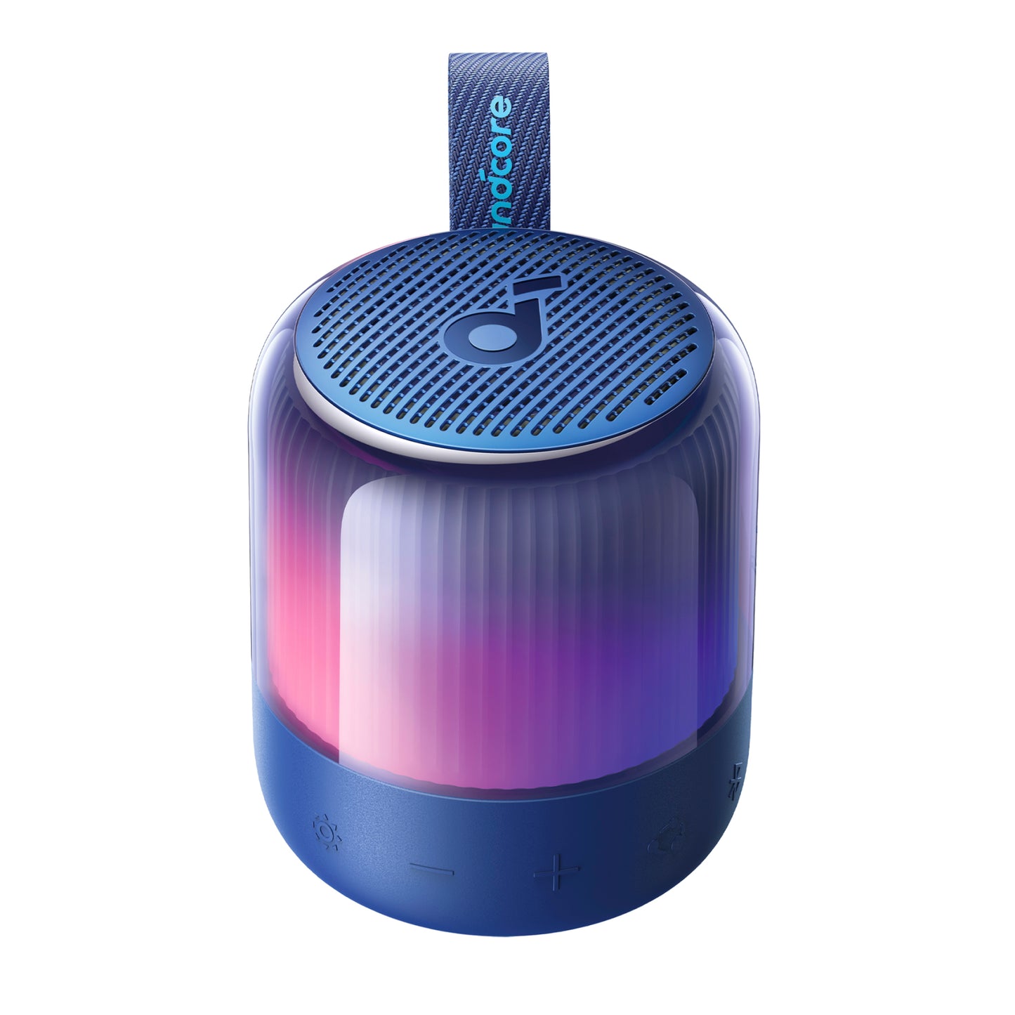 soundcore speaker with blue shell and colorful LED