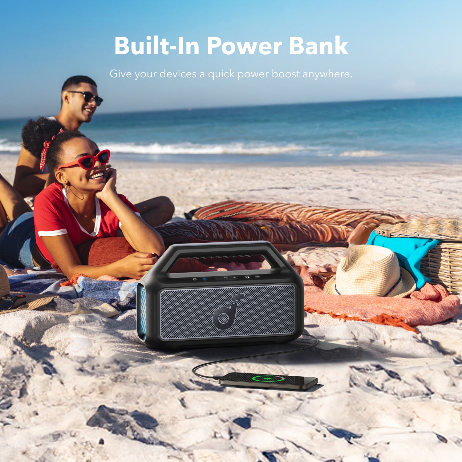 soundcore outdoor speaker with built-in power bank for beach use